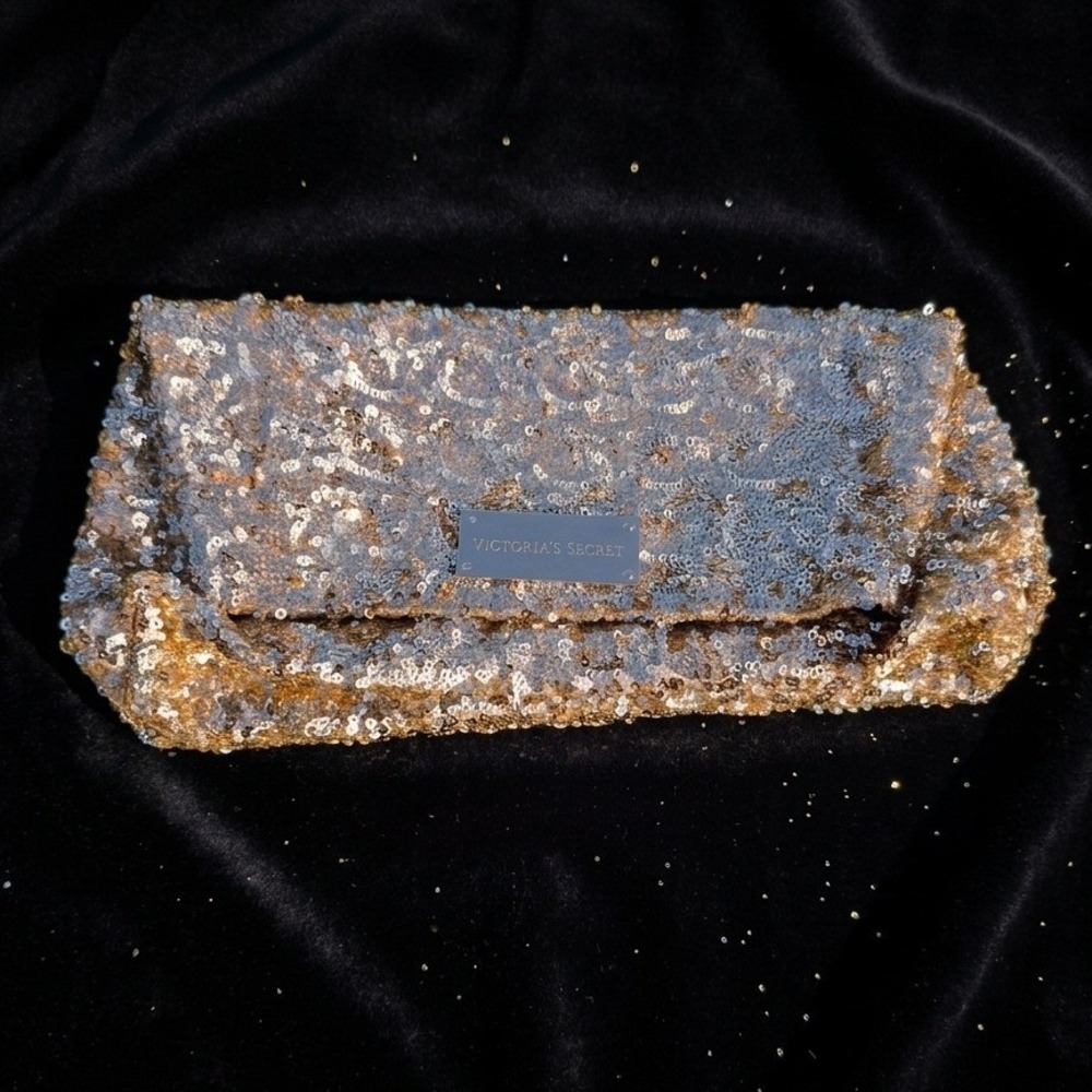 Victoria's Secret Gold Silver Sequin Foldover Clutch Night Out Evening Bag Pouch